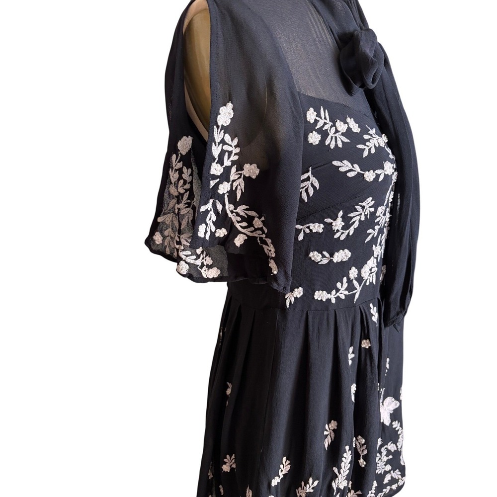 French Connection Dress S Black Dark Romance Coquette Embroidered Tie Neck Mesh - Picture 4 of 8